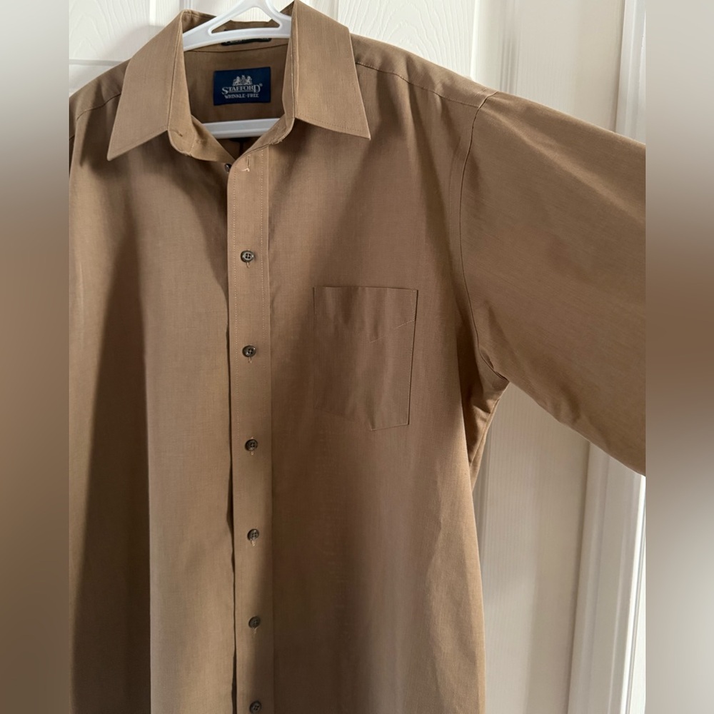 Men’s Stafford Wrinkle-Free Shirt Tan‎ Long-sleeve Size 16 32/33 - Picture 2 of 8